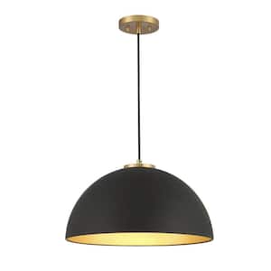 18 in. W x 10 in. H 1-Light Matte Black with Natural Brass Hanging Pendant Light with Metal Dome Shade