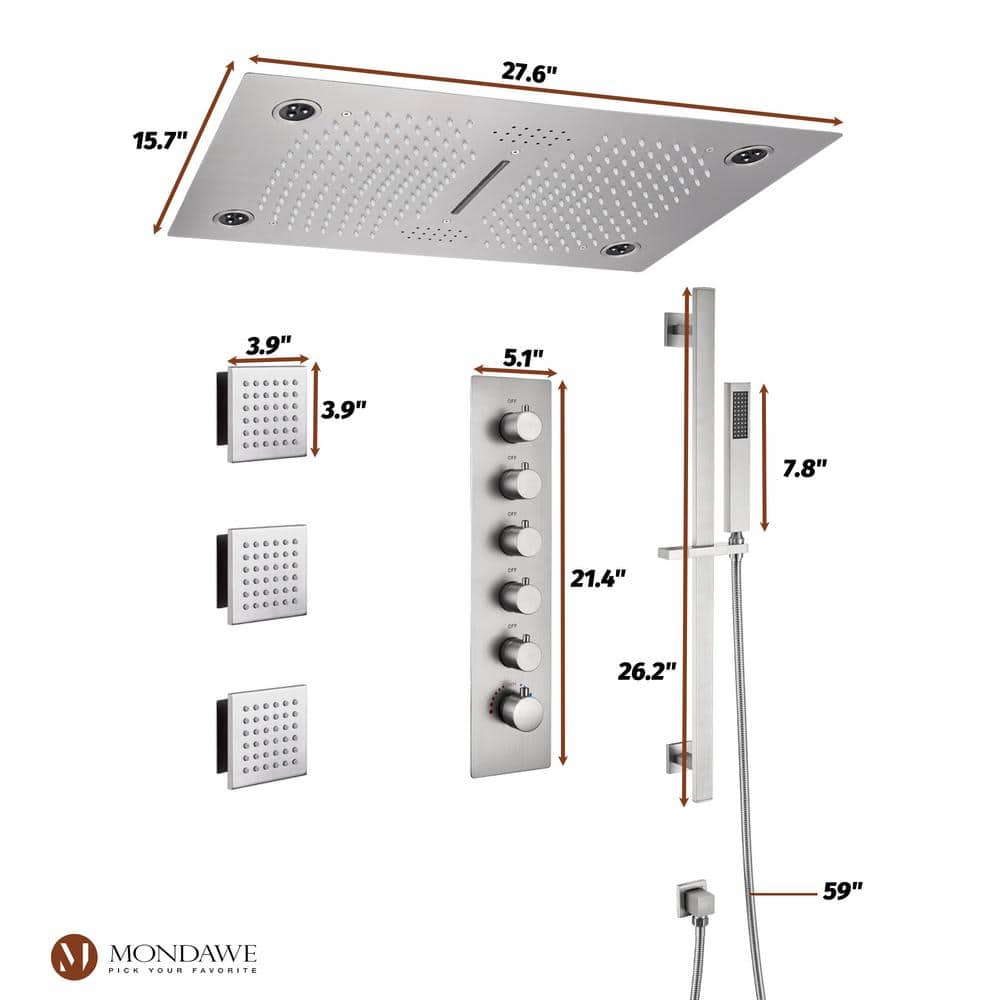 Brushed Nickel LED Ceiling Mounted Dual Shower System with Bluetooth Speaker