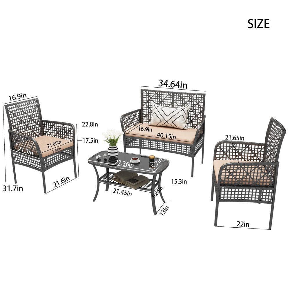 Dimension diagram showing the measurements of the 4-piece black wicker patio set.