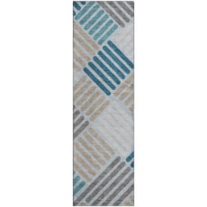 Mayfield Premium Machine Washable Abstract AMF2339 Teal 2 ft. x 7 ft. Runner Rug