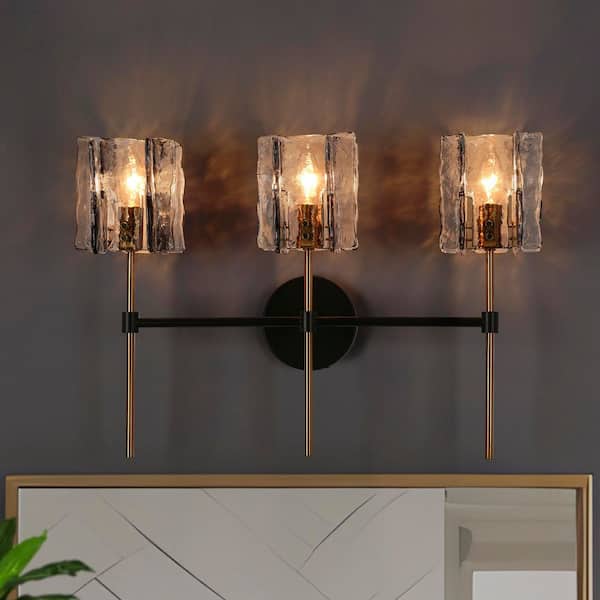 Echonalyri Modern 3-Light Matte Glam Black and Plating Brass Vanity Light with Geometric Textured Glass Shades