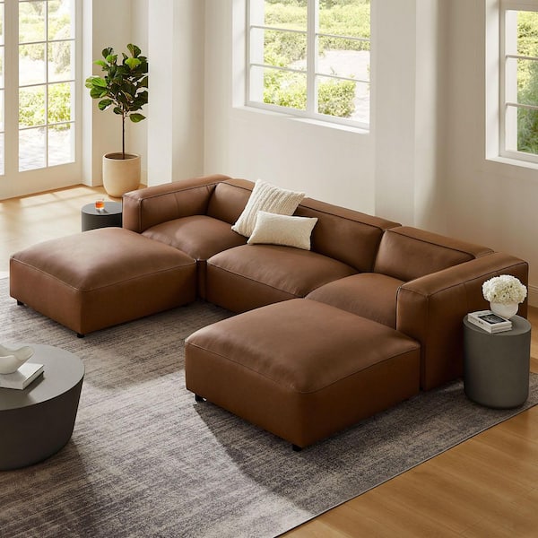 Auren 128.7 in. Square Arm 5-Piece Upholstered Vegan Leather U-Shaped Sectional Sofa in Coffee Brown
