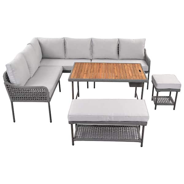 KandK 6-Piece Rope Patio Conversation Sectional Set with Acacia Wood Table and Grey Cushions