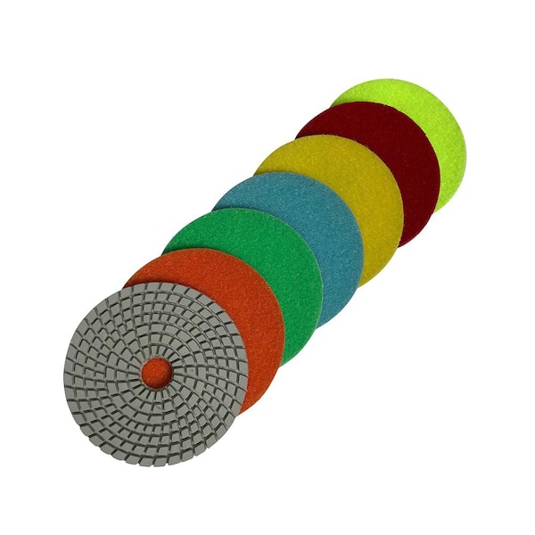 4 in. Wet Diamond Polishing Pads White Resin for Granite, Marble, Concrete 7pc Set 50,100,200,500,800,1500,3000 Grit