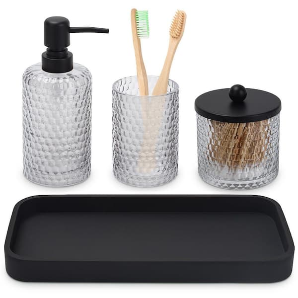 4-Piece Bath Accessory Set with Lotion Soap Dispenser, Toothbrush Holder, Qtip Holder Dispenser and Tray in Clear Glass