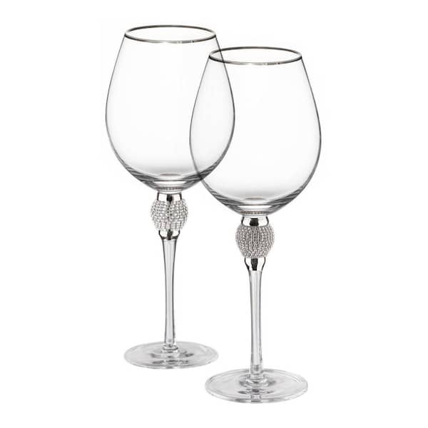 (Set of 2) Silver-Rimmed Red Wine Glasses with Diamond Rhinestone Accent 18 oz. 10 in. Tall