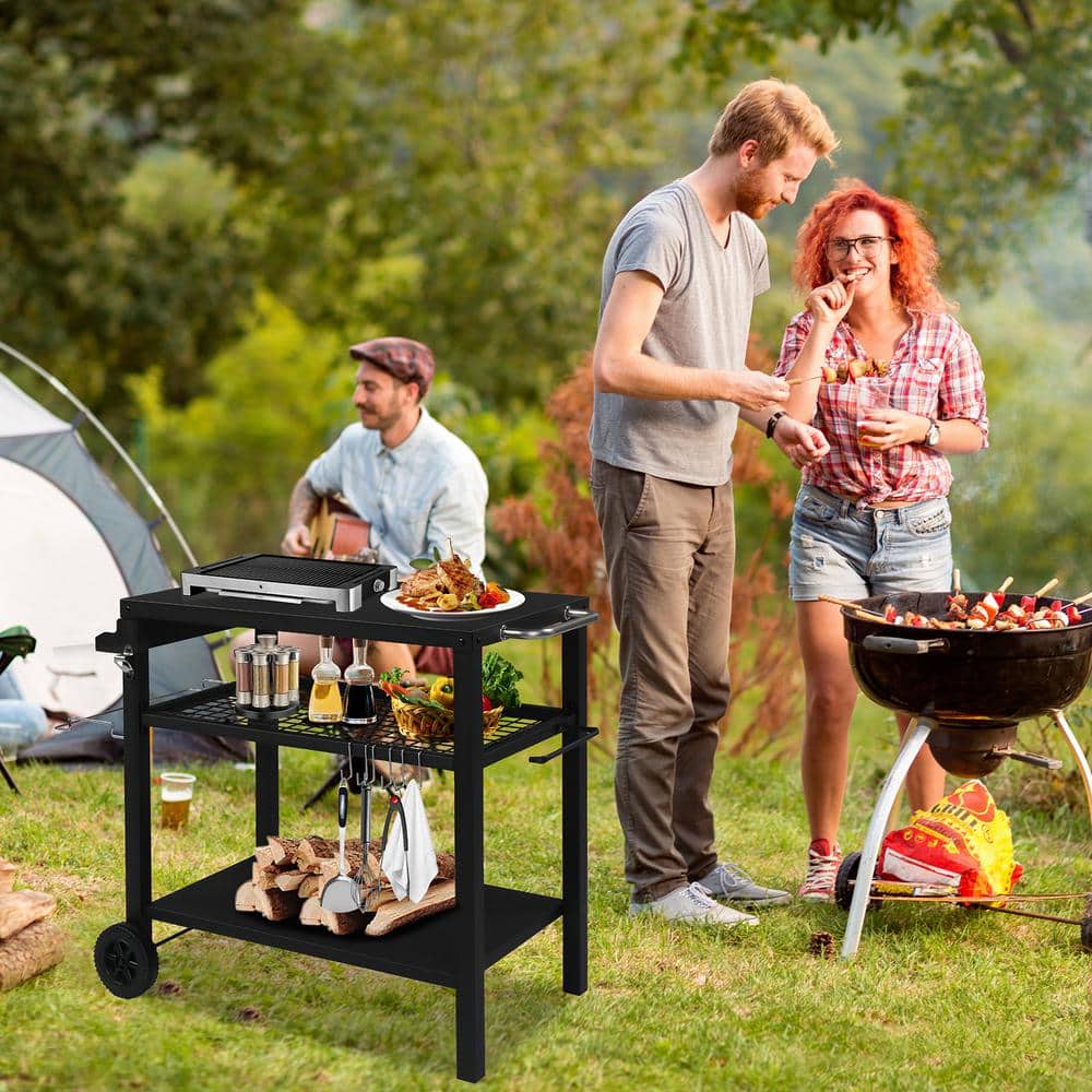 Black Iron 3-Shelf Outdoor Grill Cart with Wheels