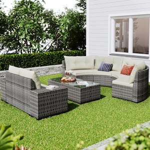 8-pieces Wicker Outdoor Sectional Set with Rectangular Coffee Table and Movable Beige Cushion