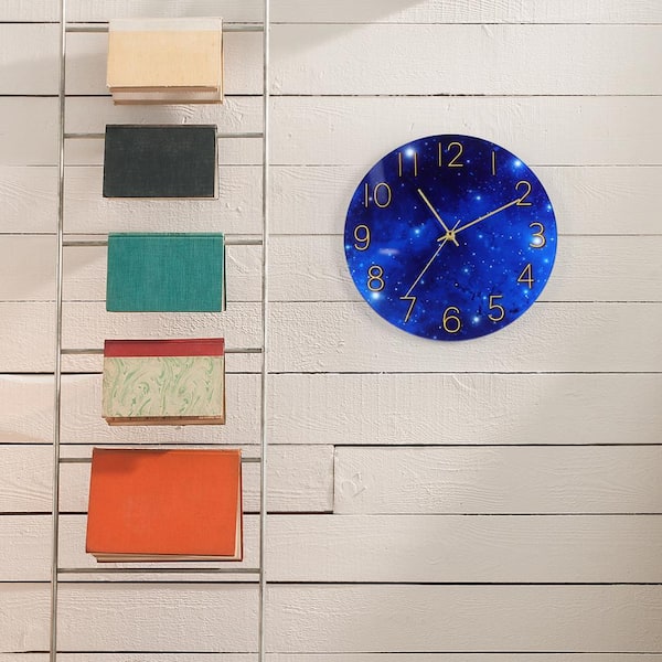 Oumilen 12 in. Starry Night Analog Non Ticking Blue Glass Wall
