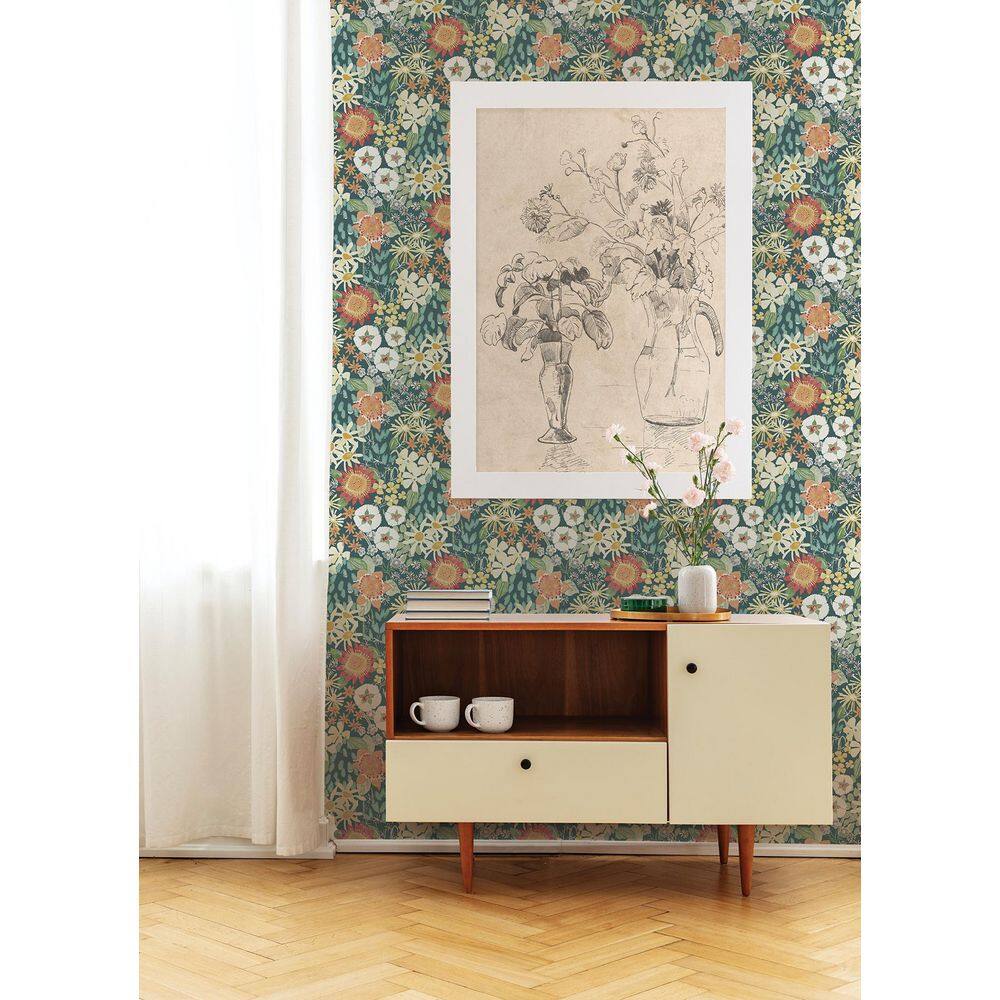 Teal Wildflower Garden Vinyl-Coated Wallpaper Roll