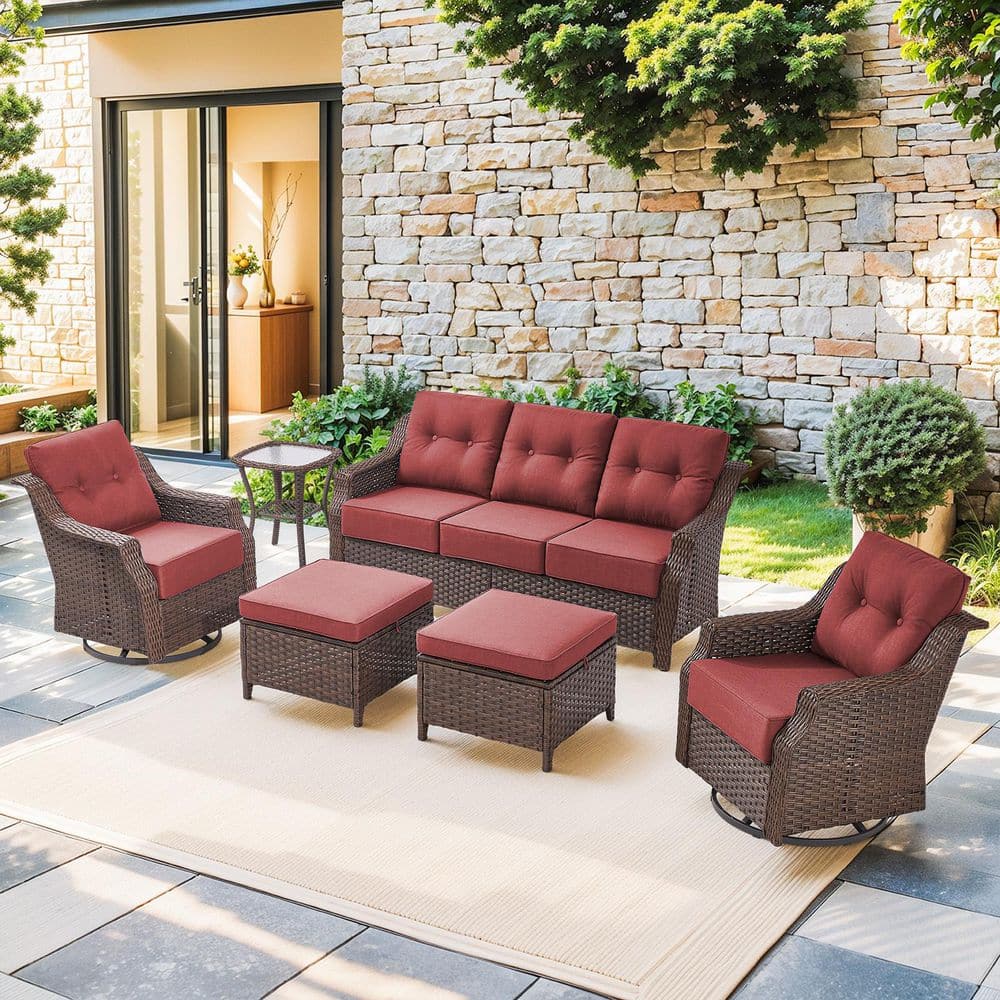 Circle Brown 6-Piece Wicker Patio Conversation Seating Set with Red Cushions, Outdoor Sofa set with Swivel Chairs price history on PriceWatchPro