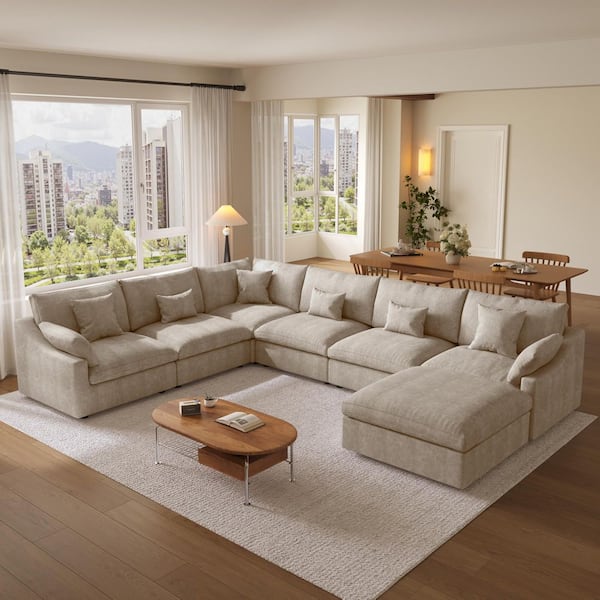Brown Sectional Sofa 7-Piece Linen Feather Modular Free Combination Living Room Set with Ottoman, Removeble Covers