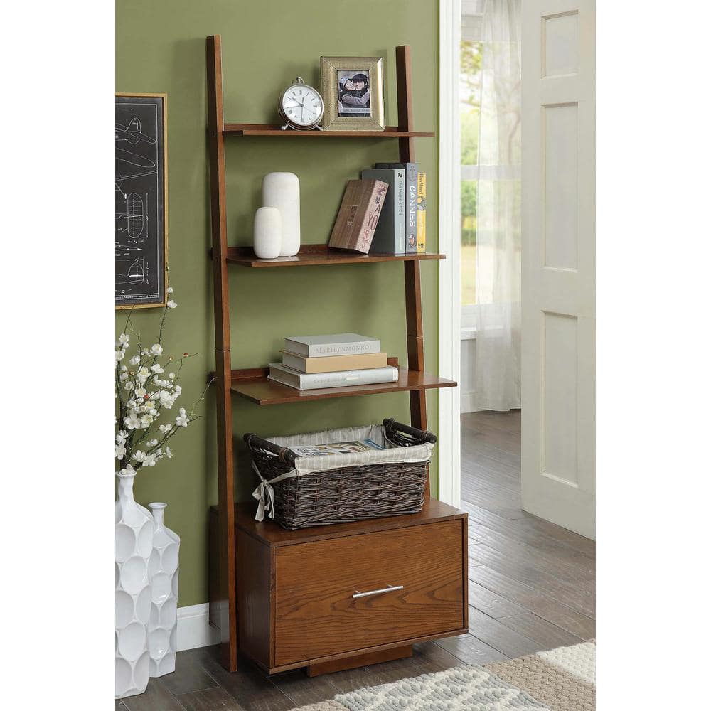 Heritage Dark Walnut Wooden Ladder Bookcase with File Storage