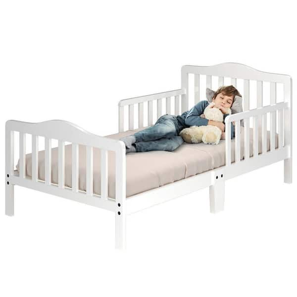 Costway Classic Kids Wood Bed with Guardrails White