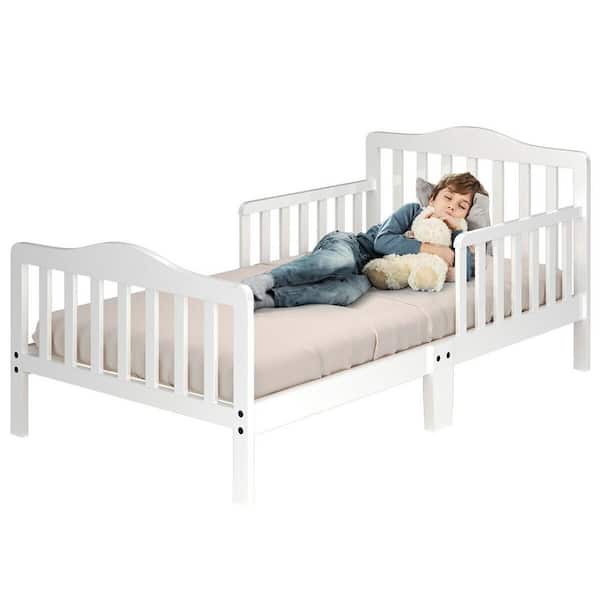 Costway Kids Toddler Wood Bed Bedroom Furniture w/ Guardrails White