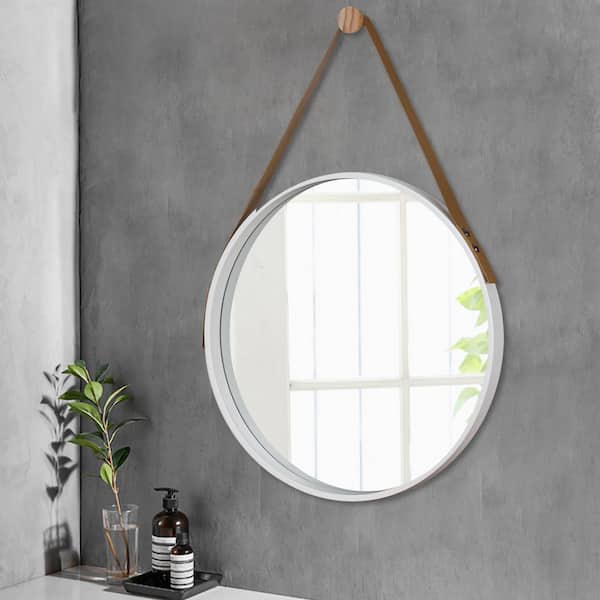 Neu Type Medium Round White Lighted, Round Hanging Mirror With Leather Strap