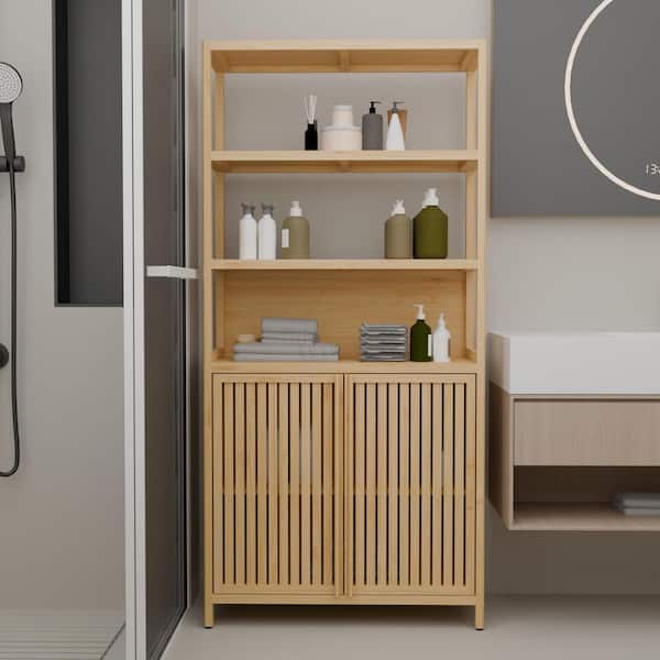 Carina Natural 64.77 in. H Freestanding Accent Storage Cabinet with Double Door, 3 Open Shelves