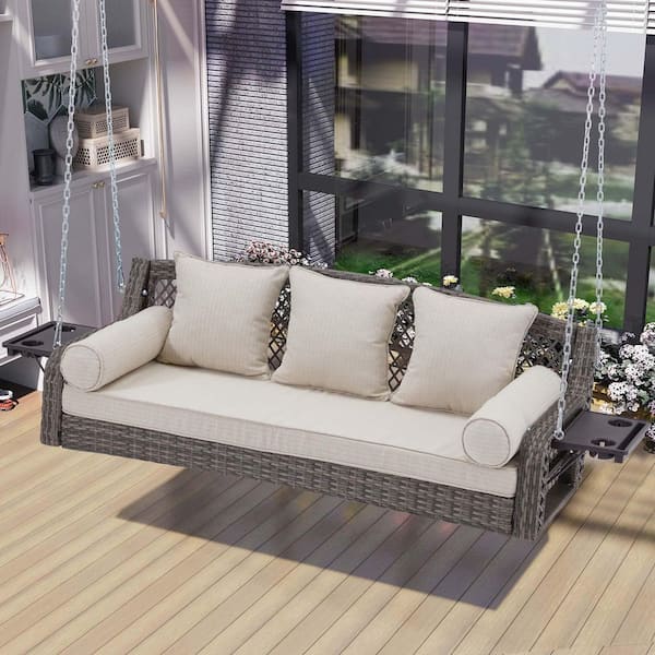 3-Seat Gray Wicker Outdoor Patio Swing Hanging Chair with Cup Holders and 3 Back Beige Cushions