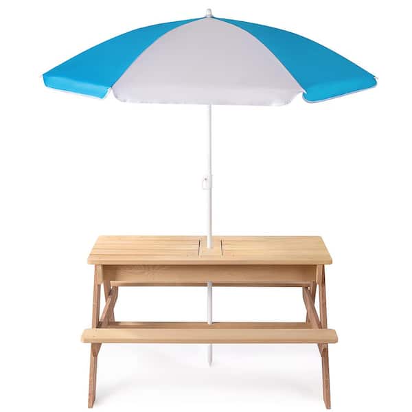 Misopily 35 in. Natural Rectangular Cedar Wood Outdoor Kids Picnic Table Seats 4-People, Convertible Sand & Water with Umbrella