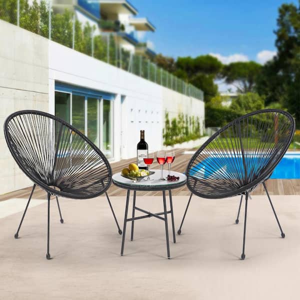 Unbranded 3 -Piece Black Patio Metal Outdoor Bistro Conversation Set with Side Table, Acapulco All-Weather PE Rattan Chair Set