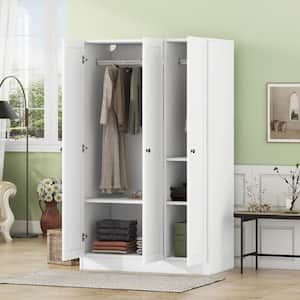 White Wood 41.4 in. 3-Door Wardrobe Armoire with 5 Storage Shelves and 2 Hanging Rails