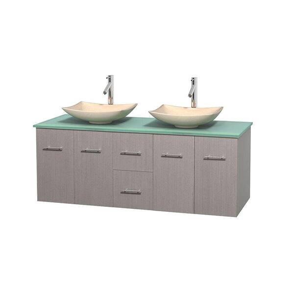 Wyndham Collection Centra 60 in. Double Vanity in Gray Oak with Glass Vanity Top in Green and Sinks