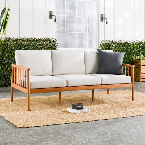 Walker Edison Furniture Company Brown Eucalyptus Wood Modern Outdoor Spindle Couch with Light Pewter Cushions