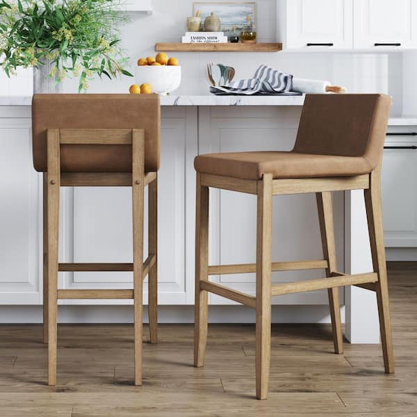 Gracie 39 in. Brushed Light Brown Low Back Solid Wood Bar Stool with Faux Leather Upholstered Seat, Set of 2