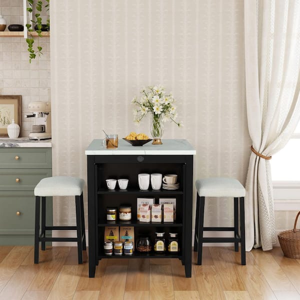 Black 3-Piece 36 in. H Bar Table Set with 2 Stools and USB-A and USB-C Charging Portsand USB-A and USB-C Charging Ports