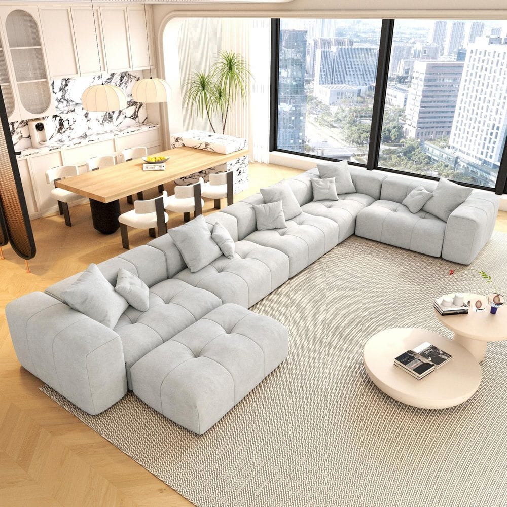 183.5 in. Square Arm 5-Piece Linen Modern Oversized L Shaped Sectional Sofa with Ottoman, DIY Combination in White
