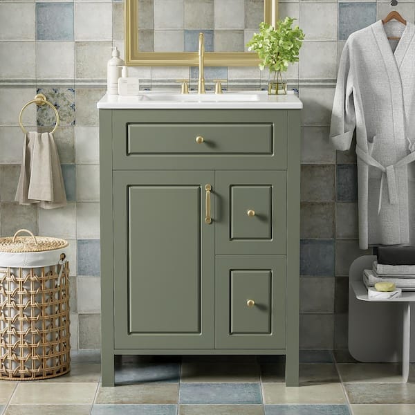 24 in. Single Sink Freestanding Green Bath Vanity with White Ceramic Top Unassembled