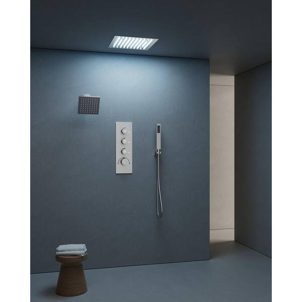 Thermostatic 7-Spray 12 and 6 in. Square Ceiling Mount LED Mood Lighting Shower System with Valve in Brushed Nickel