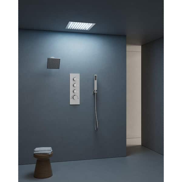 YAWWALK Thermostatic 7-Spray 12 and 6 in. Square Ceiling Mount LED Mood Lighting Shower System with Valve in Brushed Nickel