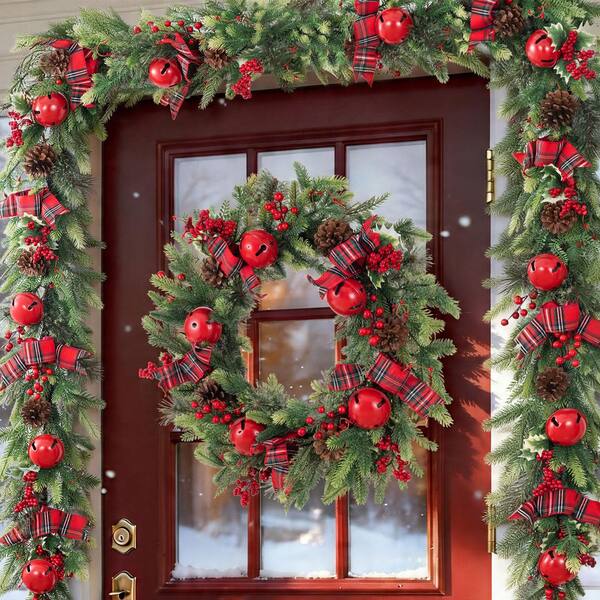 Glitzhome 26 in. D Christmas Unlit Bell Pinecone and Berry Bow