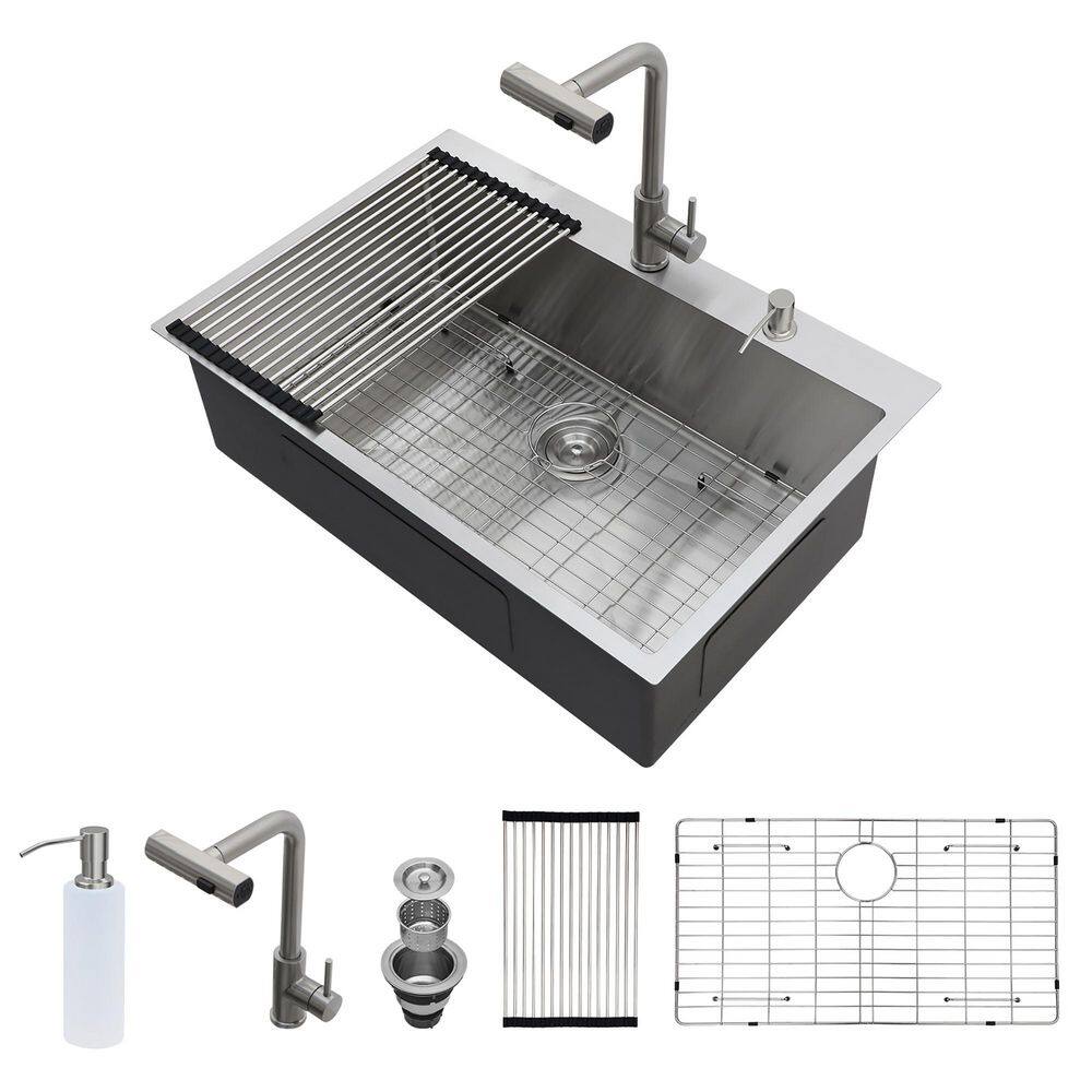 30 in. Drop-In Single Bowl 16 Gauge Brushed Nickel Stainless Steel Kitchen Sink with Faucet and Bottom Grids price history on PriceWatchPro