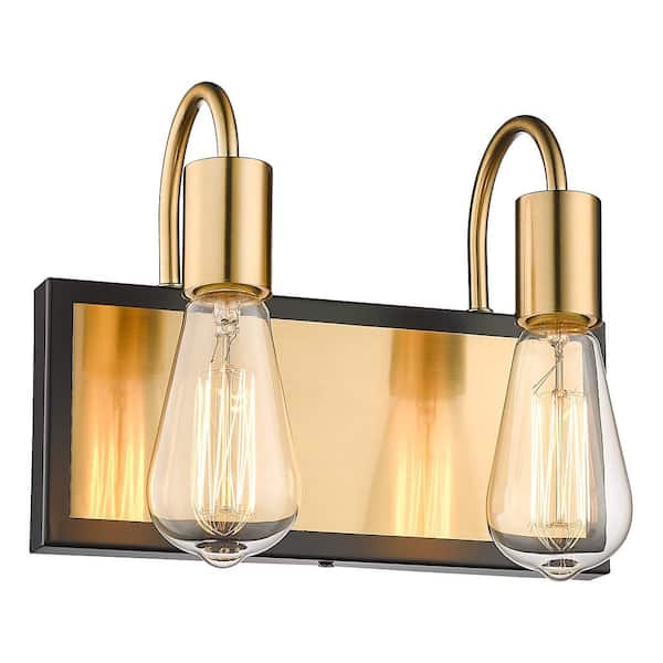 10.6 in. 2-Light Brushed Gold and Black Bedroom Powder Room Hallway Vanity Light Wall Sconce Light