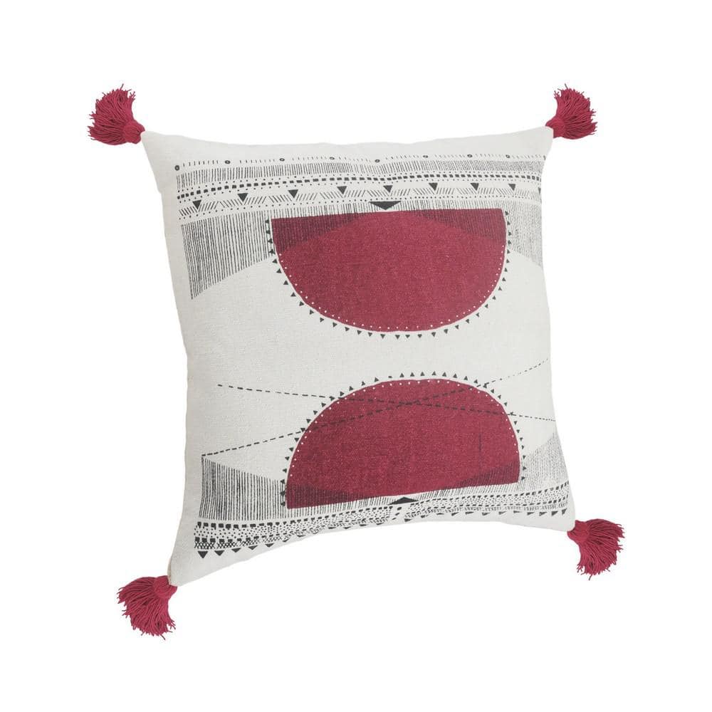 White and Burgundy Cotton Blend Geometric Throw Pillow