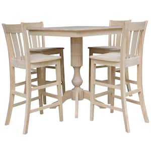 5 PC Set - Unfinished Solid Wood 36 in. Square Bar Height Pedestal Table with 4 side Stools