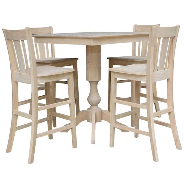 International Concepts 5 PC Set - Unfinished Solid Wood 36 in. Square Bar Height Pedestal Table with 4 side Stools