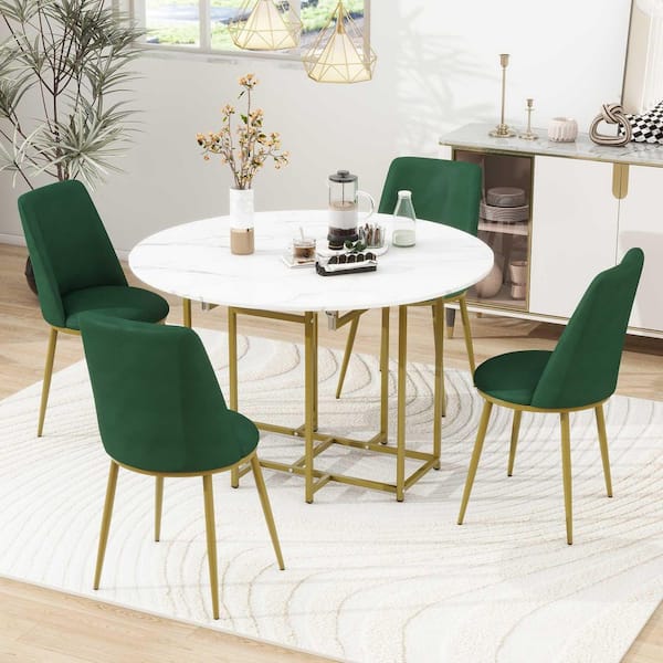 5-Piece Round Extendable White/Green Wood Top Dining Table Set Seats 4 with 4 Upholstered Chairs