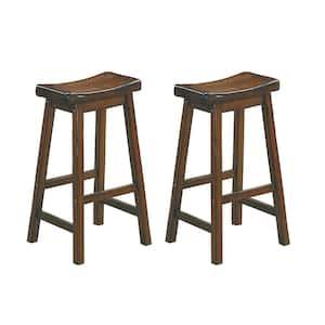 Nisky 28 in. Cherry Finish Solid Wood Dining Stool with Wood Seat (Set of 2)