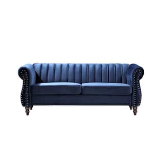 Louis 76.4 in. W Round Arm Velvet 3-Seats Straight Chesterfield Sofa with Nailheads in Blue