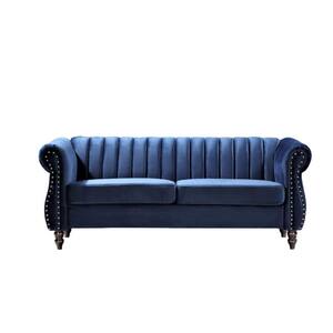 Louis 76.4 in. Dark Blue Velvet 3-Seater Chesterfield Sofa with Nailheads