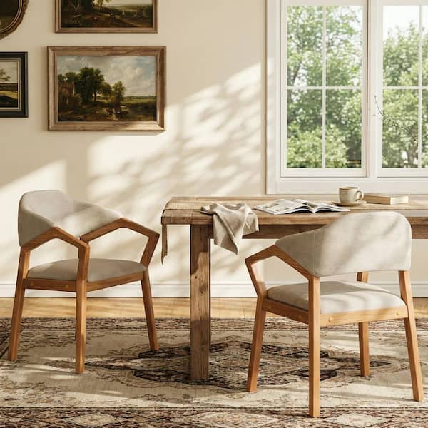 Harper & Bright Designs Oatmeal and Teak Solid Wood Upholstered Dining ...