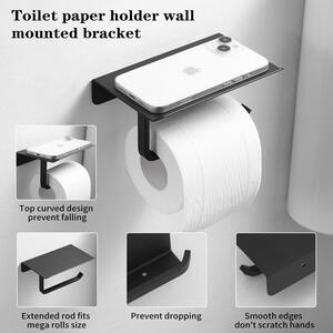 Bath Wall-Mount Single Post Toilet Paper Holder with Shelf Stainless Steel Tissue Paper Dispenser in Matte Black