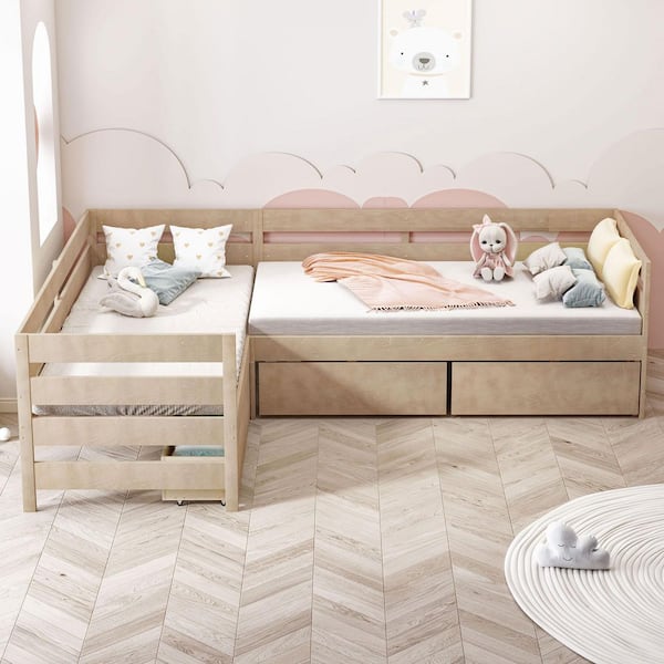 Brown Wood Frame Twin Size L-shaped Platform Bed with Three Storage Drawers