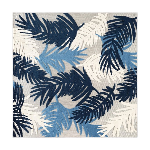 Tropical Floral Modern Indoor/Outdoor Navy 6 ft. 6 in. x in. 6 ft. 6 in. Square Area Rug