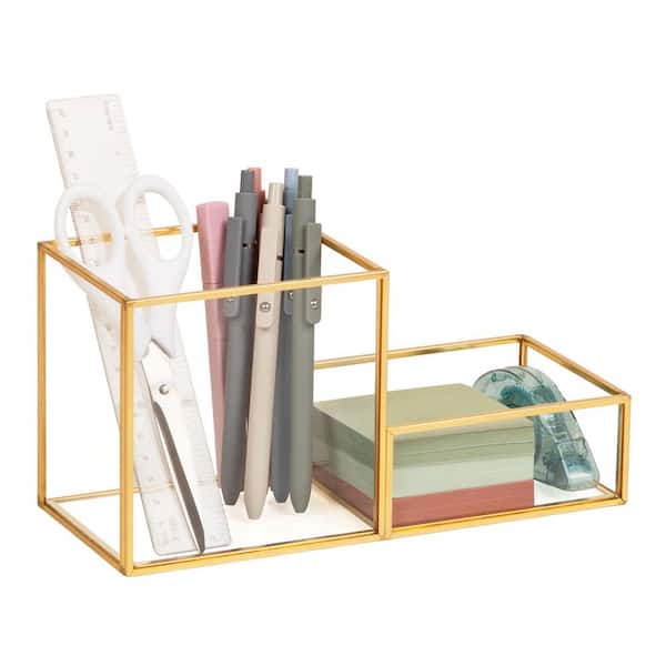 2-Compartment Glass Catch-All Tray with Copper Trim, Desk Accessory Organizer, Glass and Copper, Clear