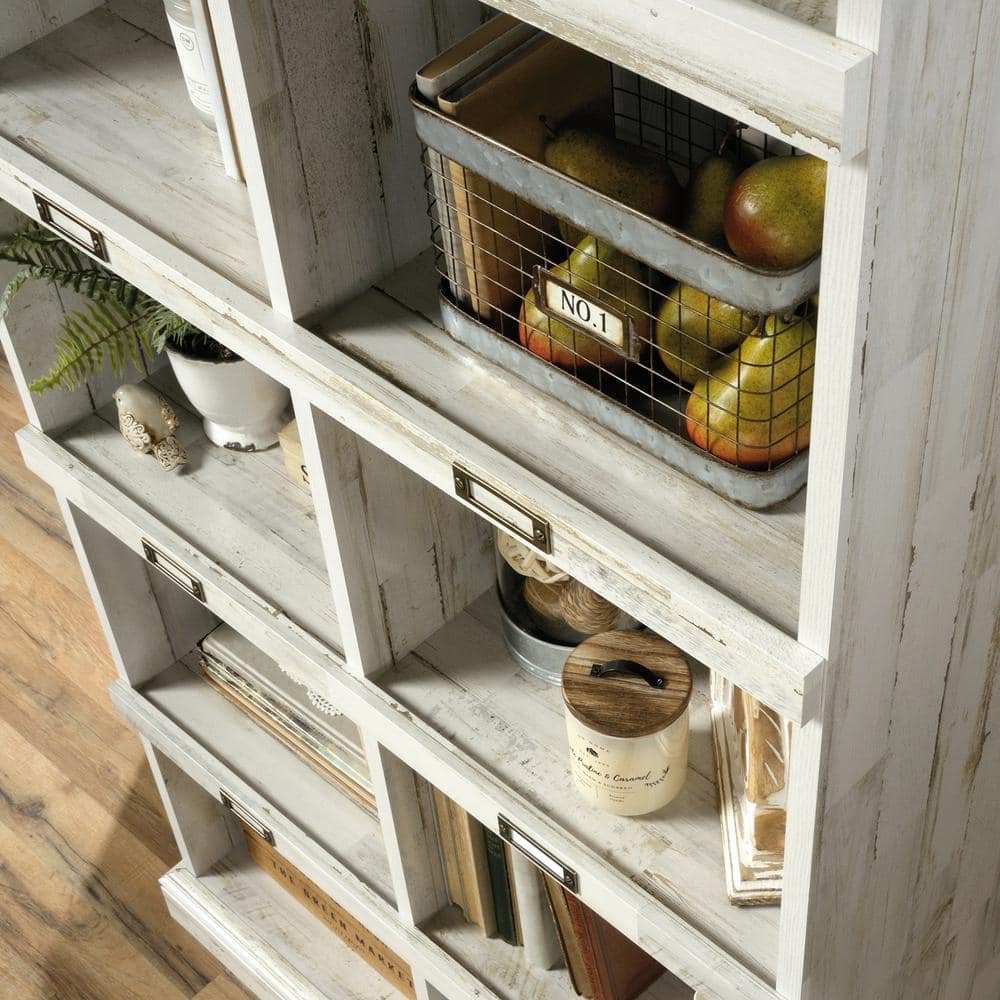 Elegant White Plank Wood Bookcase with 10 Cubbies and ID Labels