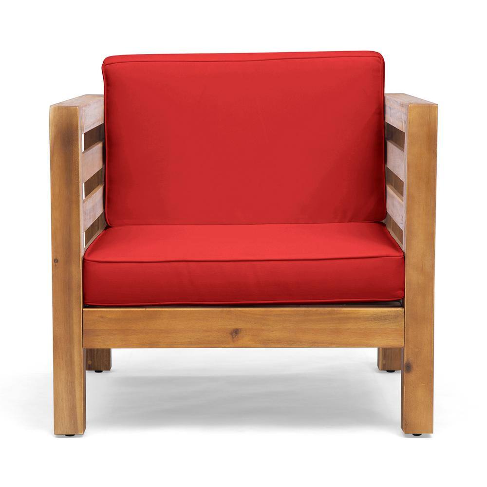 Teak Brown Lounge Chair with Plush Red Cushions